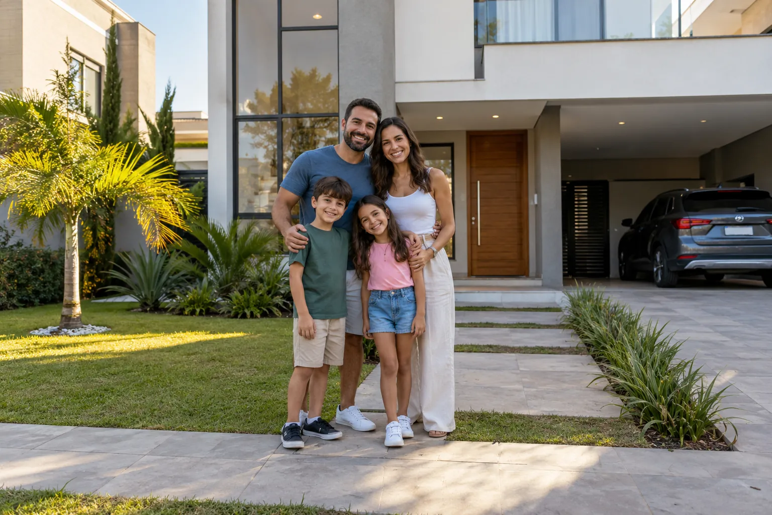 Família feliz em frente à casa
